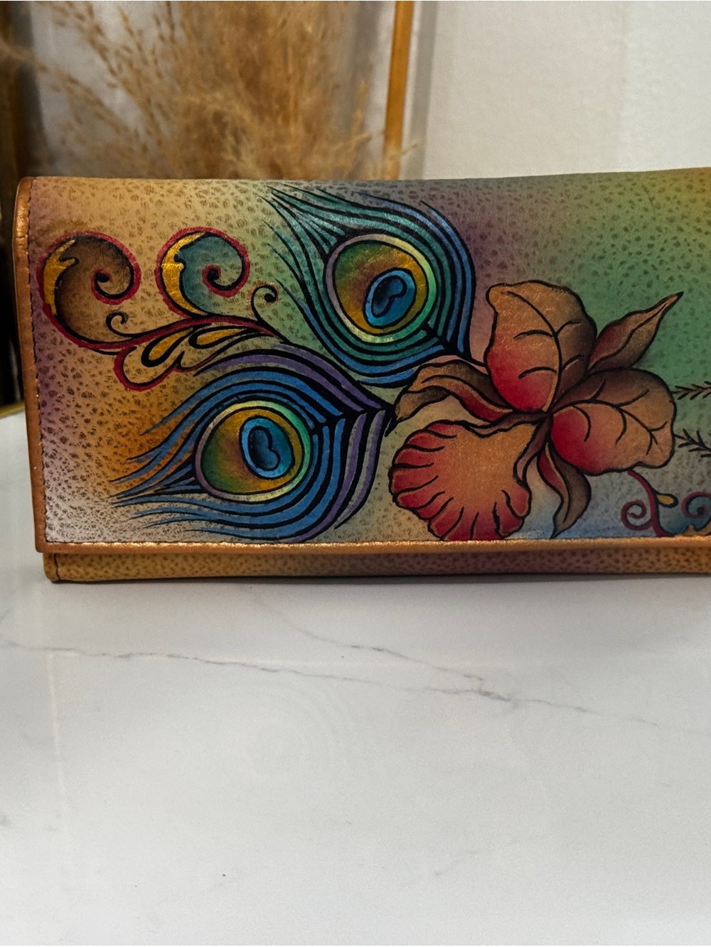 Anuschka Hand-Painted Peacock & Floral Card Holder - Teal, Blue, Green, Orange - Picture 5 of 10